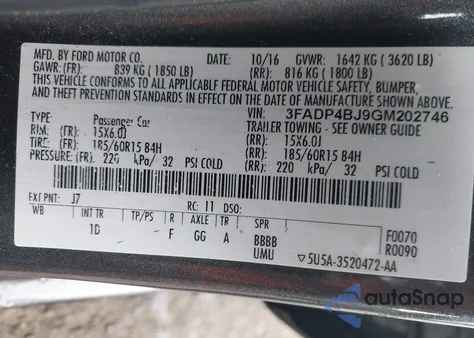 2016 Ford Fiesta Se z USA, uszkodzony, nr VIN 3FADP4BJ9GM202746